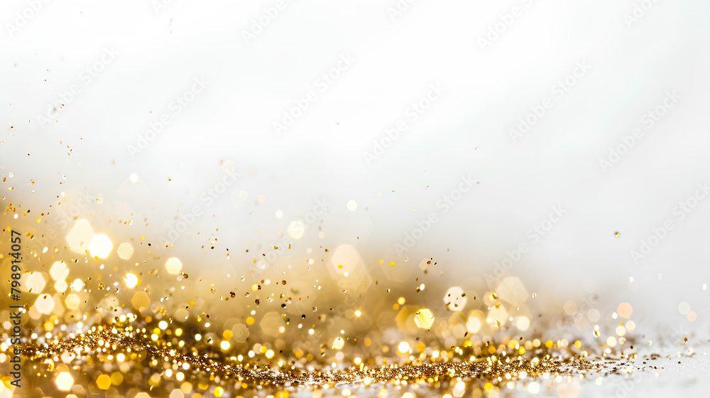 The texture of a golden sheen on a white background. Particles of golden color, a wave of shiny confetti. Festive background. The texture of a golden sheen on a white background. Particles of golden color, a wave of shiny confetti. Festive background.