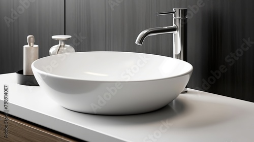 A detailed shot of a pristine white ceramic sink with a minimalist design