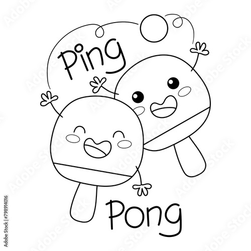 Illustration in black and white of two funny ping pong paddles playing with a ball, coloring page