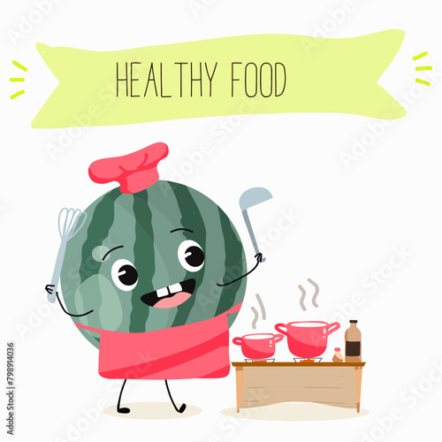 Cute watermelon characters, funny fruits, funny berry with different activities. Flat vector illustration. Organic food, healthy food, illustrations for kids menu, invitations.