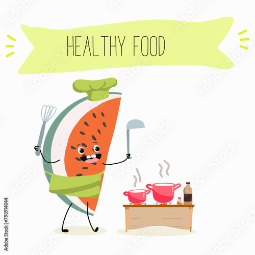 Cute watermelon characters, funny fruits, funny berry with different activities. Flat vector illustration. Organic food, healthy food, illustrations for kids menu, invitations.