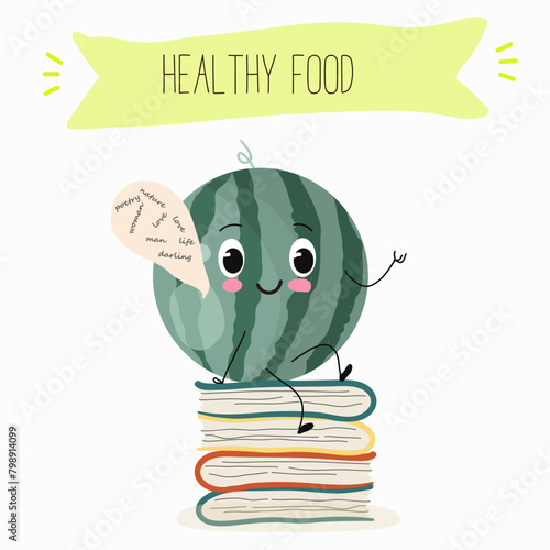 Cute watermelon characters, funny fruits, funny berry with different activities. Flat vector illustration. Organic food, healthy food, illustrations for kids menu, invitations.
