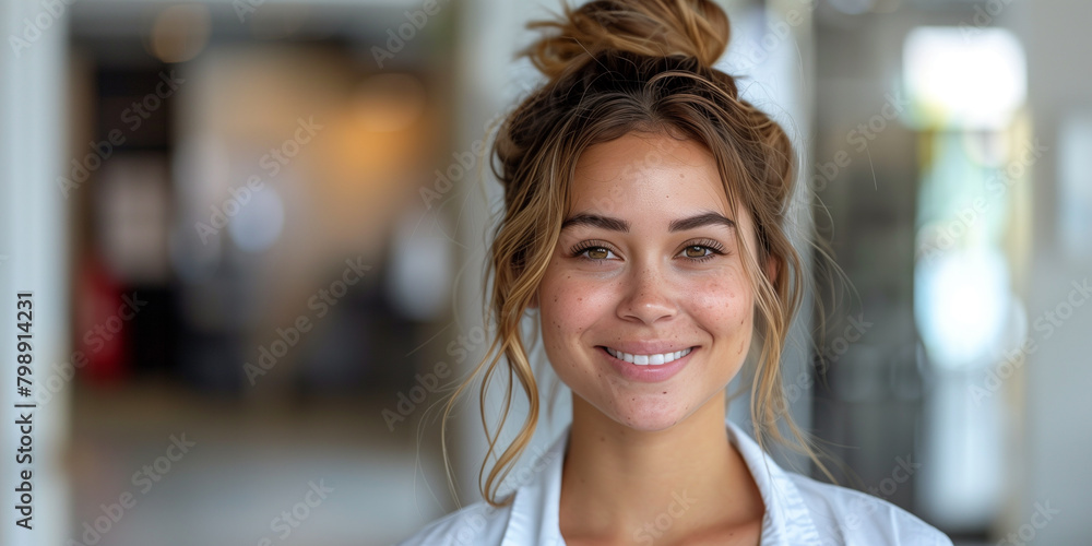A woman with a messy topknot smiling at the camera on a white background A woman with a messy topknot smiling at the camera on a white background