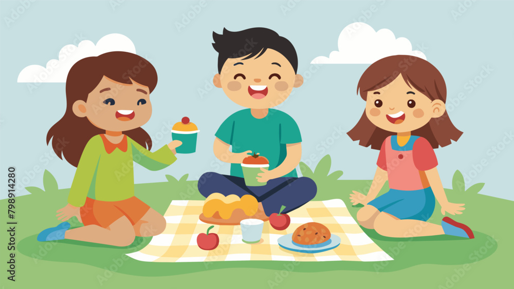 A group of siblings laughing and playing lawn games on a picnic blanket surrounded by a spread of homemade treats all organized and packed by A group of siblings laughing and playing lawn games on a picnic blanket surrounded by a spread of homemade treats all organized and packed by