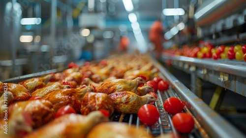 A production line at a poultry factory where chickens are being processed into various frozen products, demonstrating the mechanized and automated nature of modern food production. photo