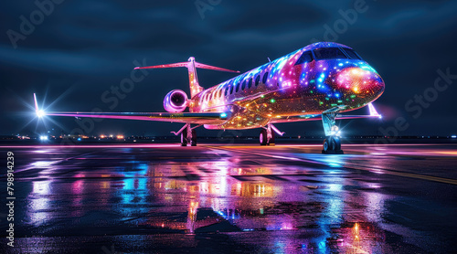 A sleek airplane with a nano color splatter design, showcasing the latest technology. The plane features dazzling LED lights in various nano colors, illuminating the scene at night. Generative AI.