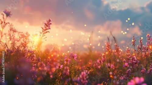 As the sun rises over the horizon, its golden rays flood a picturesque meadow, setting the wildflowers ablaze in a riot of color. © Ayesha