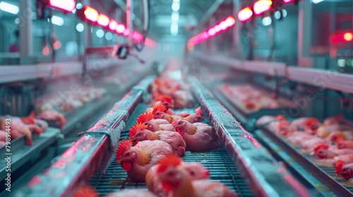 A production line at a poultry factory where chickens are being processed into various frozen products, demonstrating the mechanized and automated nature of modern food production. photo