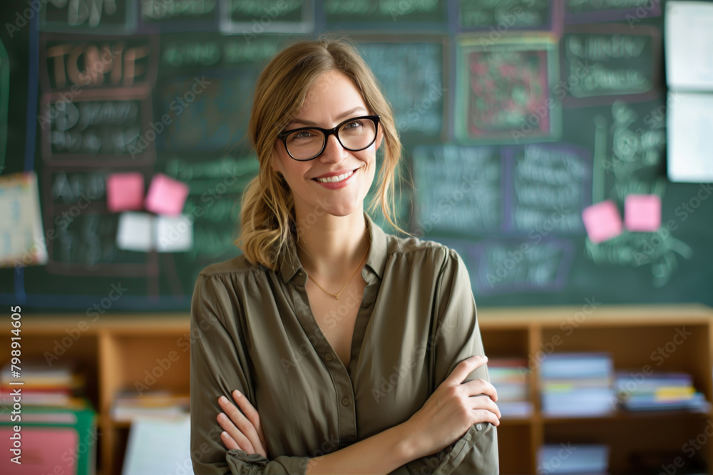 Inspiring female teacher with a warm smile stands confidently in a classroom, embodying professionalism and approachability against a backdrop of blackboards filled with educational material