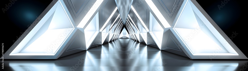 Naklejka premium Ethereal Futuristic Light Corridor - Geometric Triangle Tunnel in Serene White Expanse