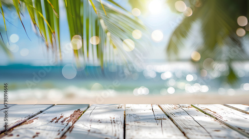 Fototapeta Naklejka Na Ścianę i Meble -  Panoramic view of the beach with palm branches, the concept of outdoor activities, space for text.