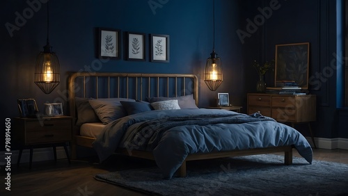 Dark green bedroom interior with wooden bed and green velvet pillows.