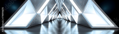 Ethereal Futuristic Light Corridor - Geometric Triangle Tunnel in Serene White Expanse