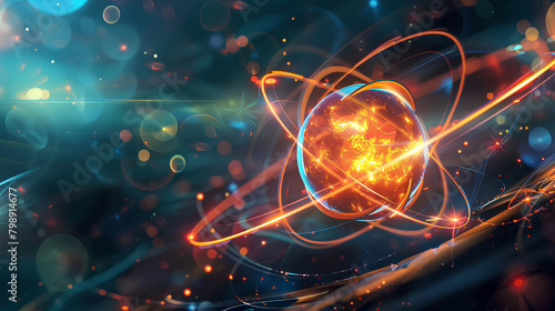 An atom with a nucleus and electrons rotating around it.