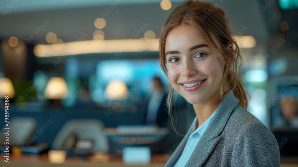 Fototapeta premium A receptionist at a business hotel reception desk, smiling as they check in corporate guests and provide conference room bookings.