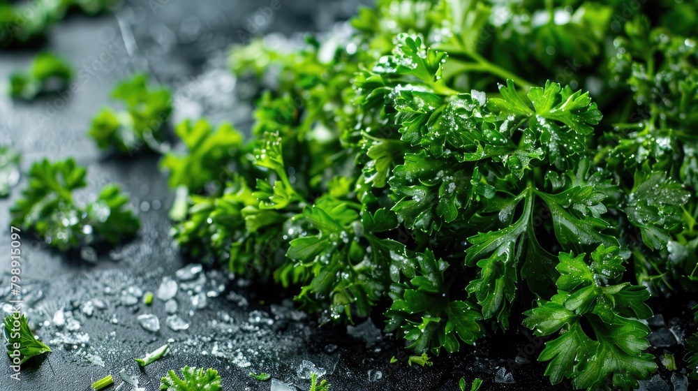 Close up of frozen green parsley preserved on the table for storage Close up of frozen green parsley preserved on the table for storage