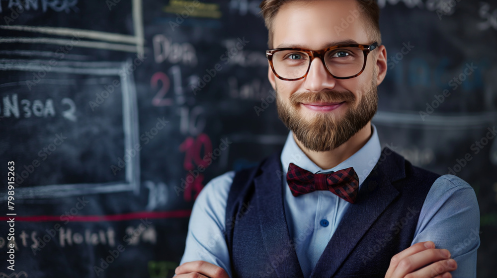 Stylish male teacher with glasses and bow tie standing confidently in front of a blackboard filled with educational content, symbolizing professionalism and dedication in modern education Stylish male teacher with glasses and bow tie standing confidently in front of a blackboard filled with educational content, symbolizing professionalism and dedication in modern education