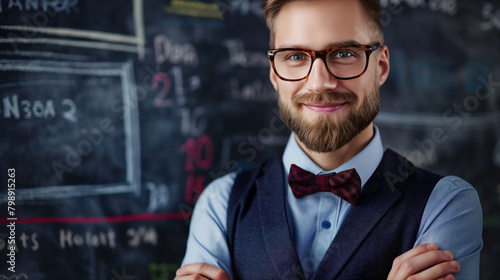 Stylish male teacher with glasses and bow tie standing confidently in front of a blackboard filled with educational content, symbolizing professionalism and dedication in modern education