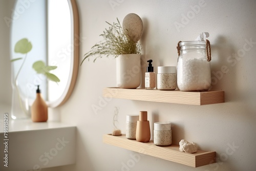 A detailed shot of a minimalist bathroom shelf, adorned with carefully curated essentials and decorative elements Generative AI
