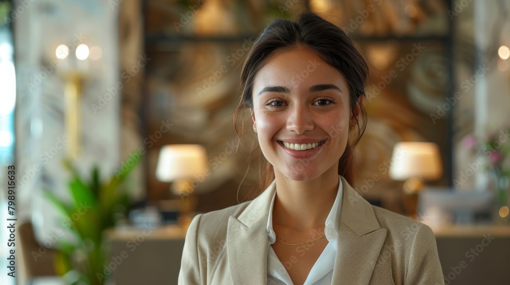 A receptionist at a luxury hotel lobby, smiling as they welcome guests and offer personalized concierge services. A receptionist at a luxury hotel lobby, smiling as they welcome guests and offer personalized concierge services.