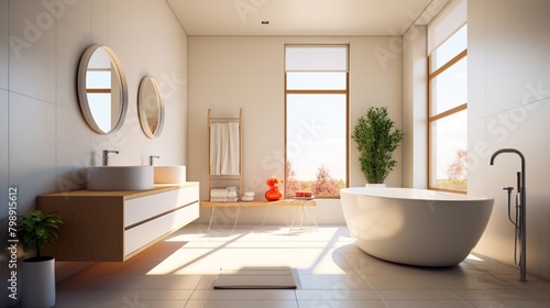 Bathroom interior with white bathtub and modern sink