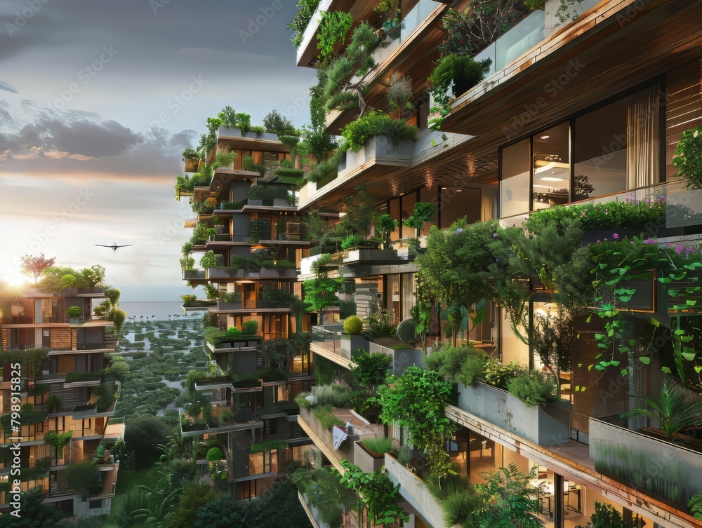 futuristic city with green buildings covered in plants and trees