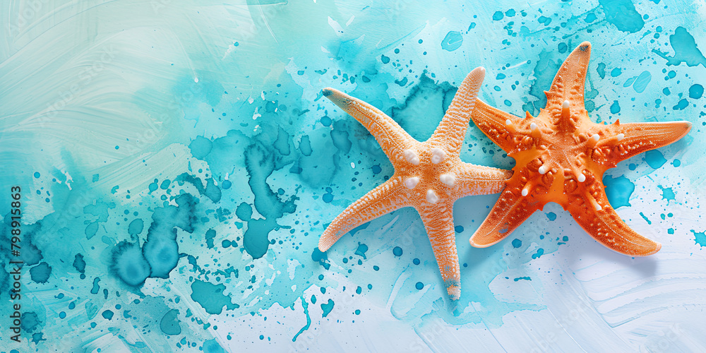 Starfish on a blue blurred sea background. Starfish on a blue blurred sea background.