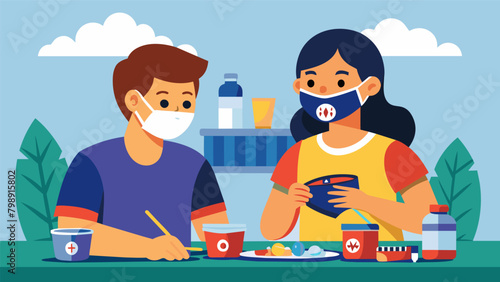 A mother and her son designing and painting matching teamthemed face masks in preparation for the crowded tailgate and game.. Vector illustration photo