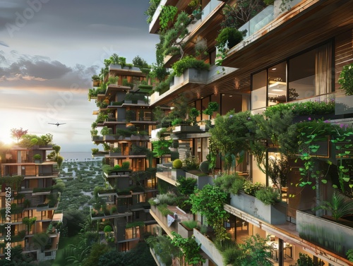 futuristic city with green buildings covered in plants and trees photo