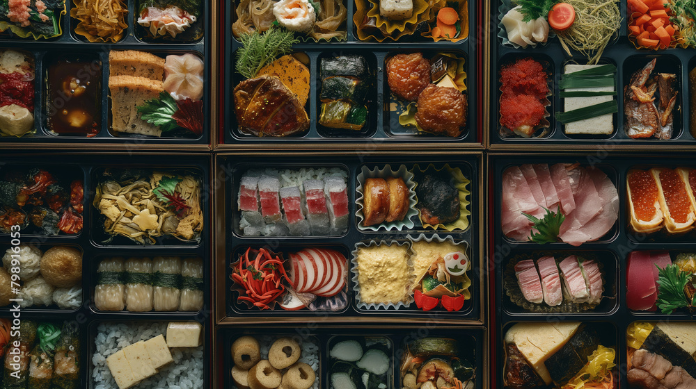 An array of traditional Japanese sushi delicacies neatly presented in bento boxes, showcasing variety and tempting presentation