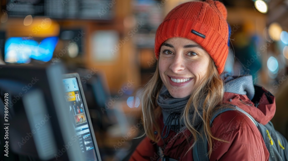 A receptionist at a ski resort lodge, smiling as they check in guests and provide ski rental and lift ticket information. A receptionist at a ski resort lodge, smiling as they check in guests and provide ski rental and lift ticket information.