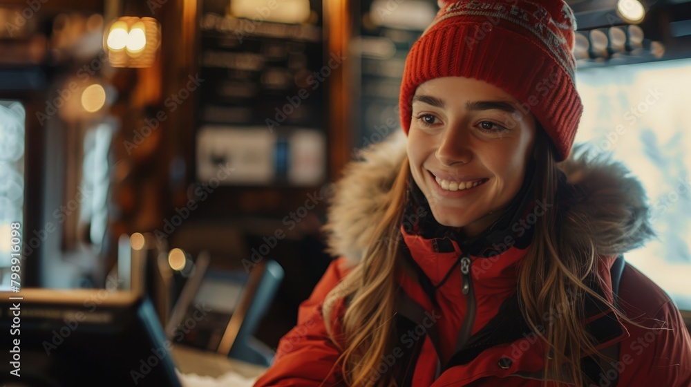 A receptionist at a ski resort lodge, smiling as they check in guests and provide ski rental and lift ticket information.