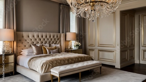 Luxury bedroom interior design with gold walls, carpet and classic bed. Interior Design