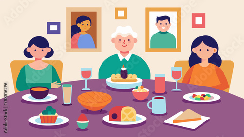 A table full of food drinks and pictures of ancestors as family members share memories and stories of those who came before them.. Vector illustration