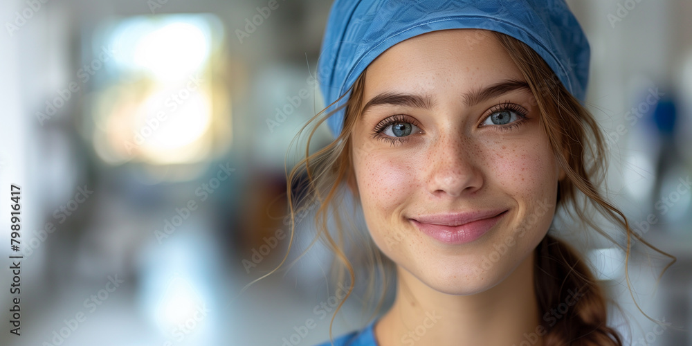 Obraz premium A female surgeon smiles at the camera while wearing a blue bandana