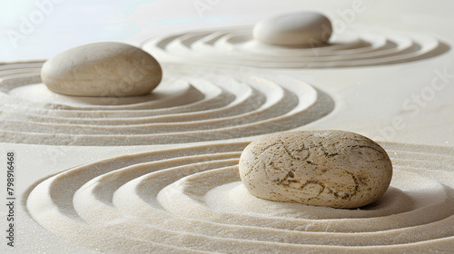 Stone for meditation in the Japanese Zen garden, sand and stones for harmony and balance.