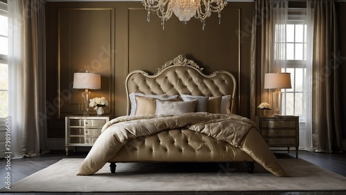 Luxury bedroom interior design with gold walls, carpet and classic bed. Interior Design