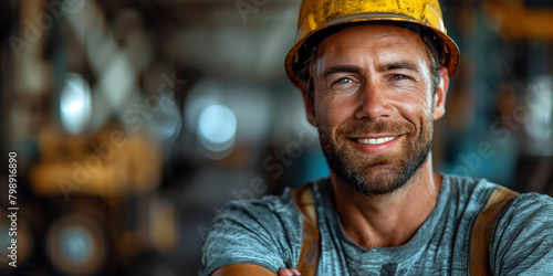 A foreman wearing a hard hat and overalls smiles happily banner photo