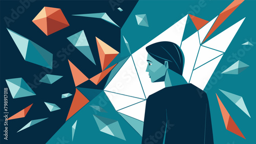 A person looking into a shattered mirror each shard showing a different reflection of themselves symbolizing the fragmented sense of self that can.