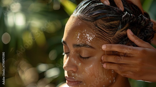 A scalp massage treatment, with therapist using gentle strokes to stimulate natural hair growth and promote relaxation.