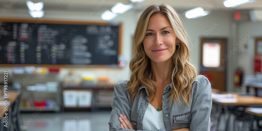 A woman lunchroom supervisor standing with crossed arms in a cafeteria setting banner A woman lunchroom supervisor standing with crossed arms in a cafeteria setting banner