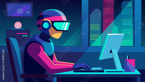 In a brightly lit office a person dons a sleeklooking visor that flashes colorful lights while they type away on their computer claiming to improve.