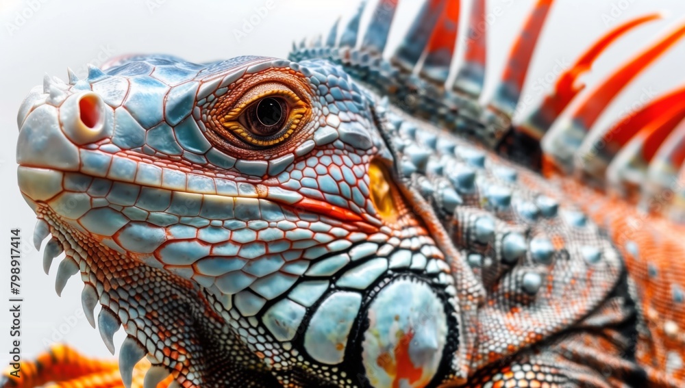 Fototapeta premium A closeup an iguana, its scales in vibrant blue with red patterns on top. micro photography