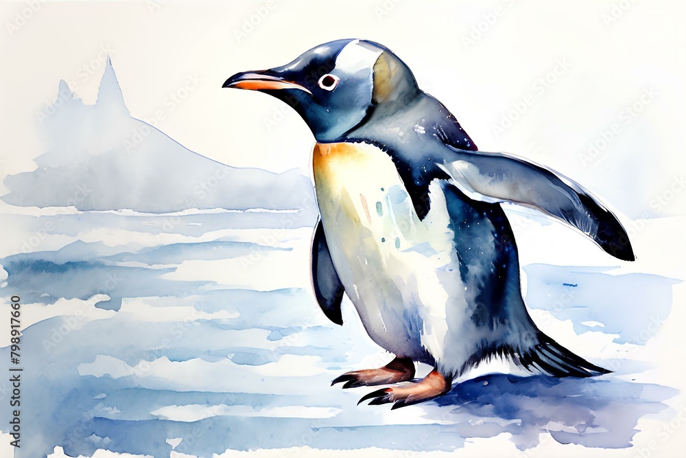 Fototapeta premium Draw an image of a penguin in watercolor. Generative AI