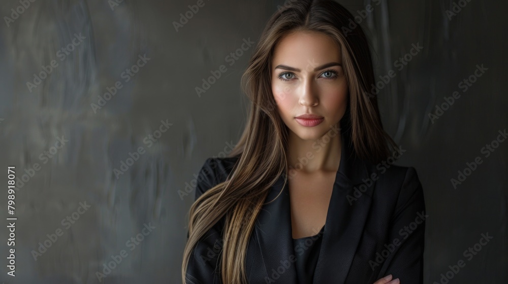 A portrait of a confident businesswoman with long, sleek hair, symbolizing power and sophistication in the corporate world. A portrait of a confident businesswoman with long, sleek hair, symbolizing power and sophistication in the corporate world.