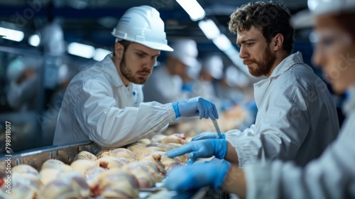 A team of quality control inspectors examining frozen chicken products for texture, color, and overall freshness before export, ensuring compliance with international standards.