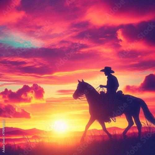 Cowboy Riding at Purple Sunset with Cloudscape