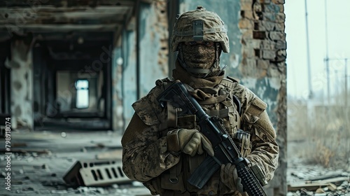 Soldier in modern warfare. Special forces troops with machine guns and rifles. Military Special Operation AI Generated