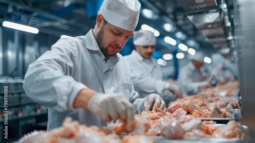 A team of quality control inspectors examining frozen chicken products for texture, color, and overall freshness before export, ensuring compliance with international standards.