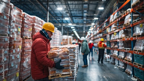 A team of workers loading frozen chicken products onto pallets for storage in a warehouse, highlighting the organization and efficiency of the storage process.
